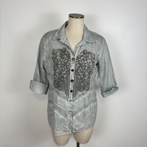 Alison Sheri Womens L Gray Embroidered Button Down Embellished Shirt Mesh Trim